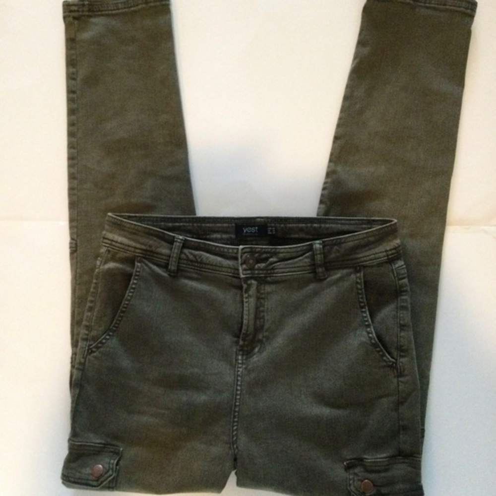 Yest Olive Green Denim Cargo Style Skinny Jeans Chic Comfort Size 10